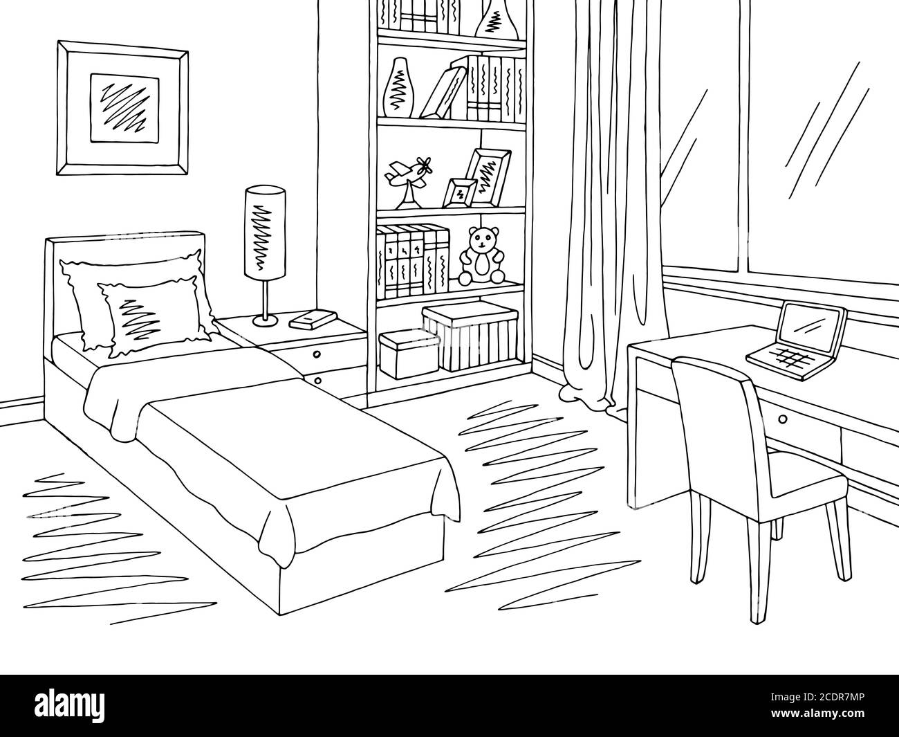 Illustration vectorielle d'esquisse intérieure noire blanche dans la chambre des enfants Illustration de Vecteur