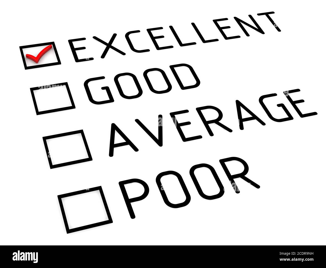 L'évaluation est excellente. Fiche d'évaluation avec coche rouge sur le point d'EXCELLENT. Isolé. Illustration 3D Banque D'Images