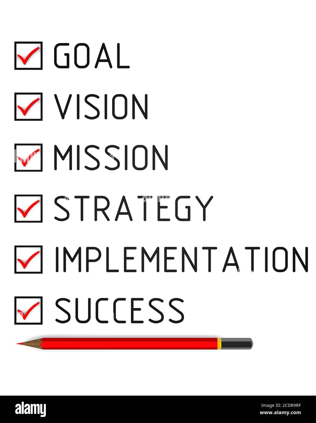 Plan d'affaires : but, vision, mission, stratégie, mise en œuvre, succès. Organiseur de bureau, crayon rouge et liste de contrôle avec repères rouges. Isolé. Il. 3D Banque D'Images
