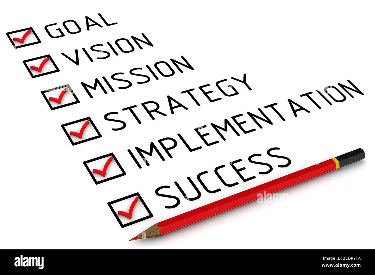 Plan d'affaires : but, vision, mission, stratégie, mise en œuvre, succès. Crayon rouge et liste de contrôle avec des repères rouges Banque D'Images