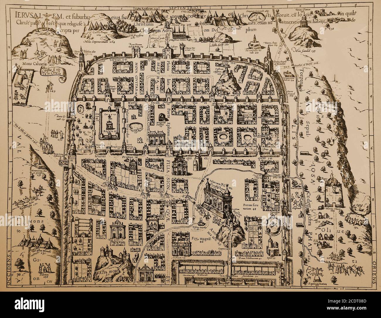 Une carte de Jérusalem, Terre Sainte comme elle l'était en 1588. C'est l'une des villes les plus anciennes du monde, et elle est considérée comme sainte pour les trois principales religions abrahamiques : le judaïsme, le christianisme et l'islam. Cette carte est un parent inhabituel qu'elle montre clairement les stations de la croix sur la via Delorosa itinéraire processionnel dans la vieille ville de Jérusalem, Israël, considéré comme le chemin que Jésus Christ a marché sur le chemin de sa crucifixion Banque D'Images