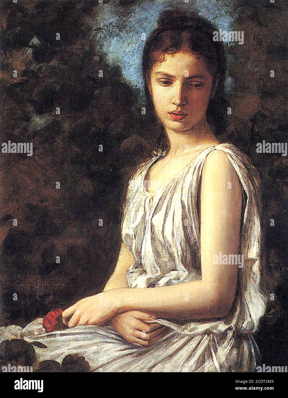 Bellanger Georges - une jeune femme en tenue classique A Red Rose - École française - 19e siècle 02 Banque D'Images