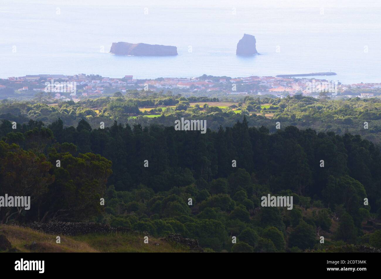 Ilheus da Madalena, deux îlots rocheux au large de la côte de l'île de Pico, archipel des Açores Banque D'Images