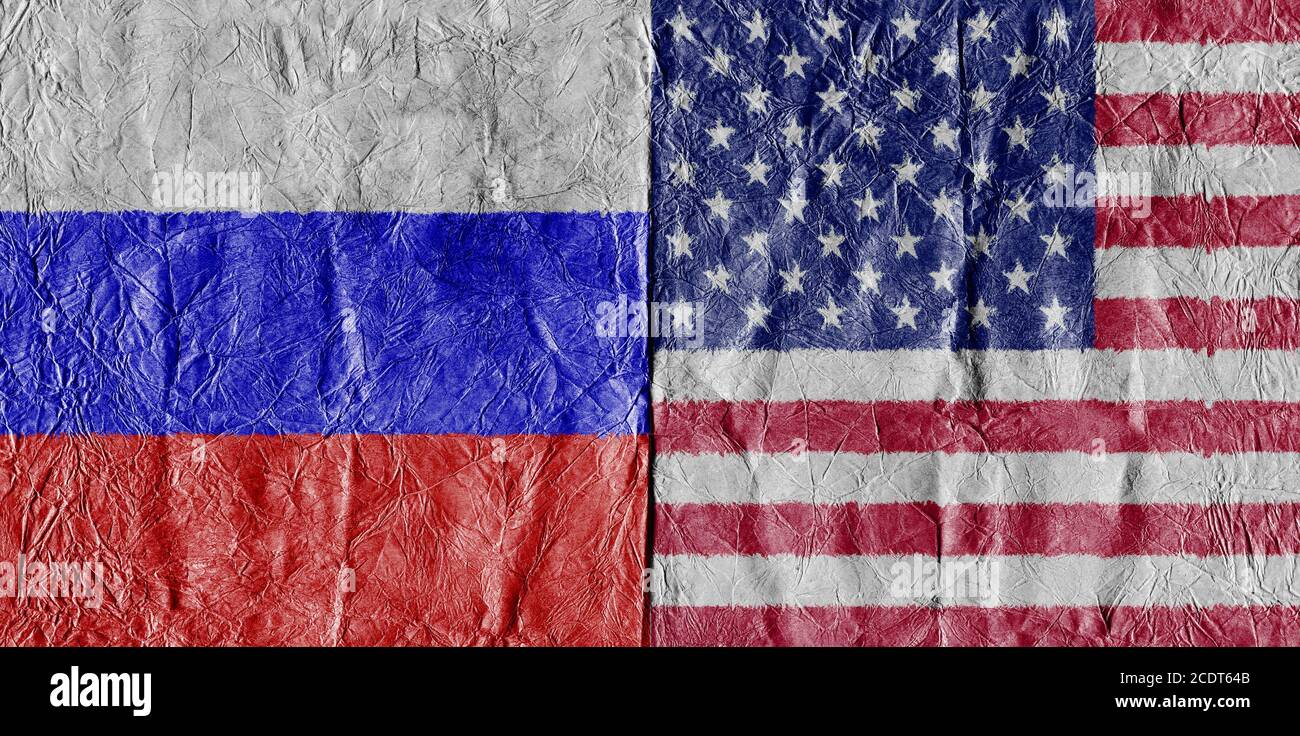 Drapeau des États-Unis et de la russie drapeau sur un papier en gros plan Banque D'Images