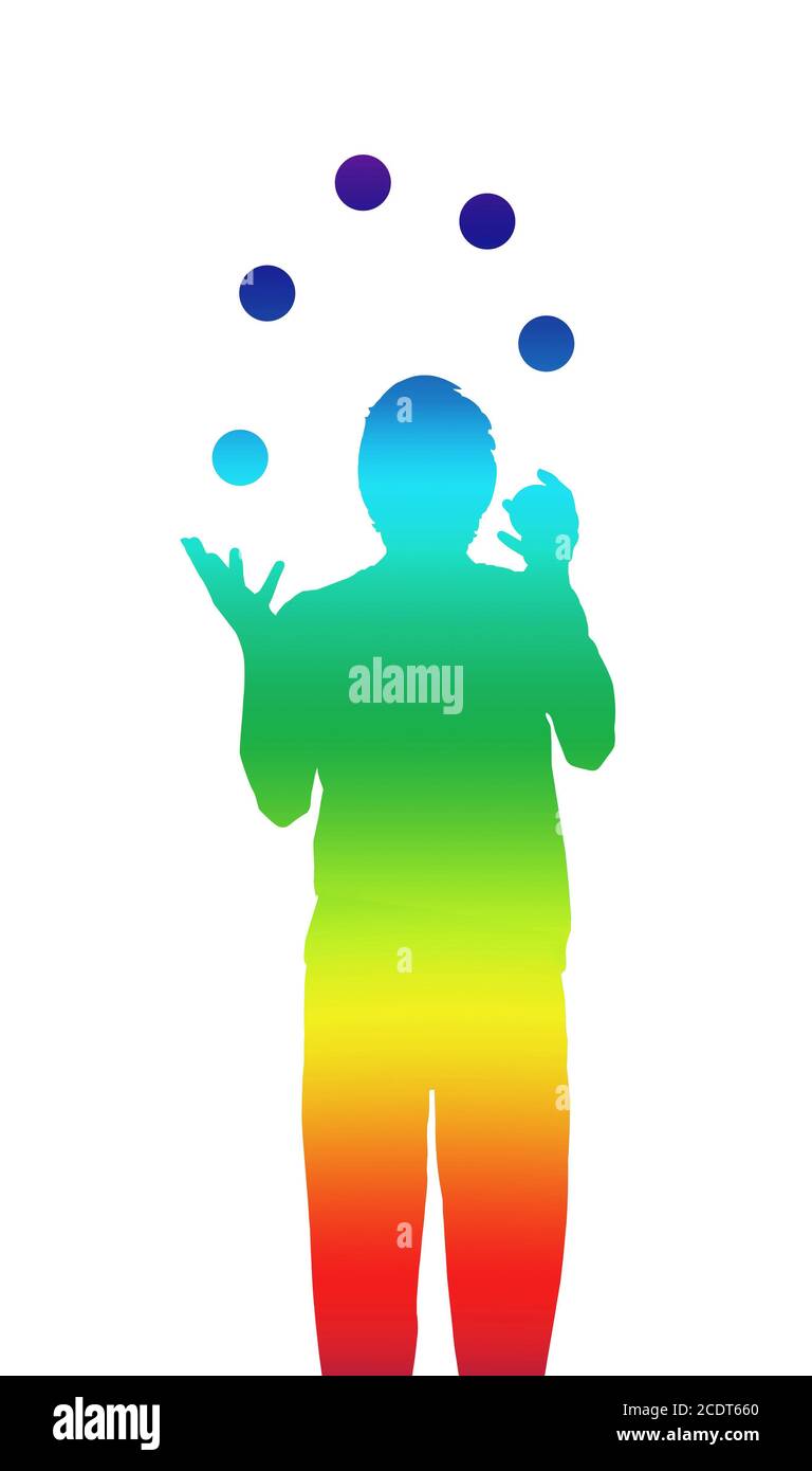 silhouette d'un jongleur aux couleurs de l'arc-en-ciel changeantes se produit avec des boules bleues, des vies de méditation sportive Banque D'Images