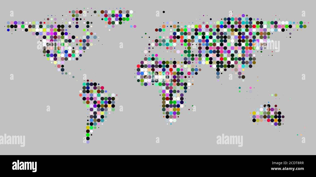 Carte du monde avec cercle coloré points grille motif texturé et isolé sur fond gris Banque D'Images
