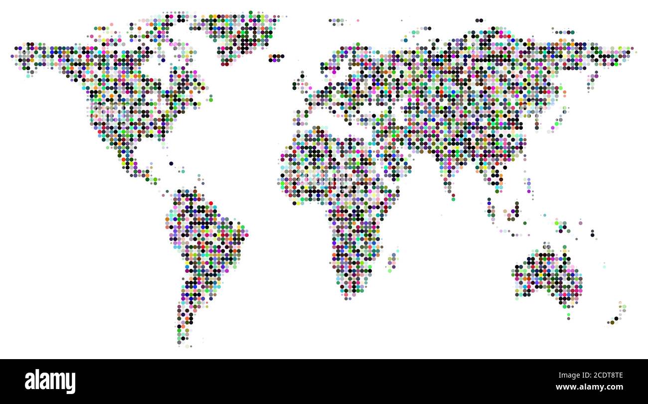 Carte du monde avec cercle coloré points grille motif texturé et isolé sur fond blanc Banque D'Images