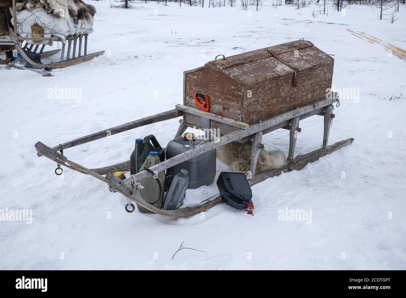 Un traîneau Nenet avec un tronc en bois, Yamalo-Nenets Autonomous Okrug, Russie Banque D'Images