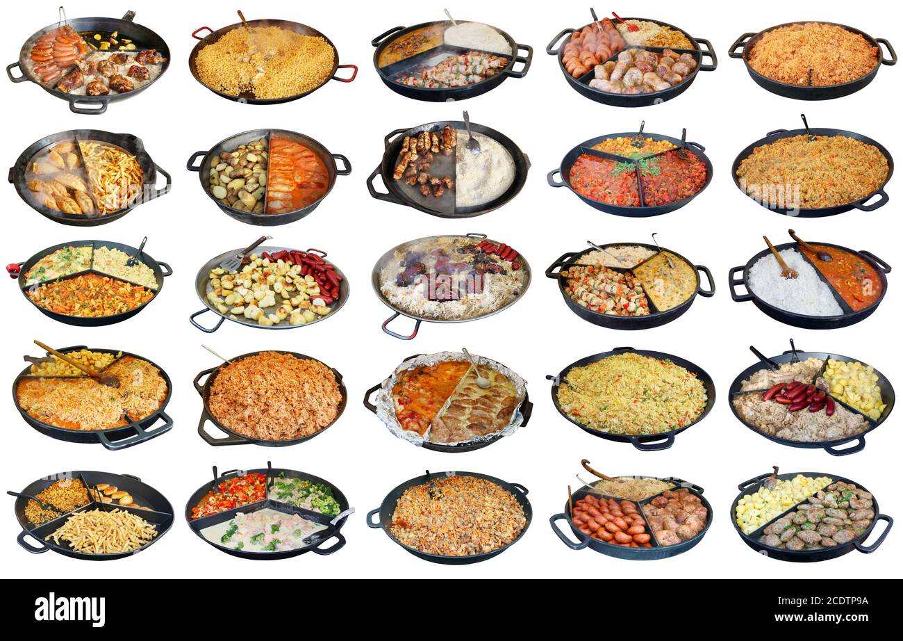 Fast Street nourriture maison dans de grandes poêles à frire ensemble isolé Banque D'Images
