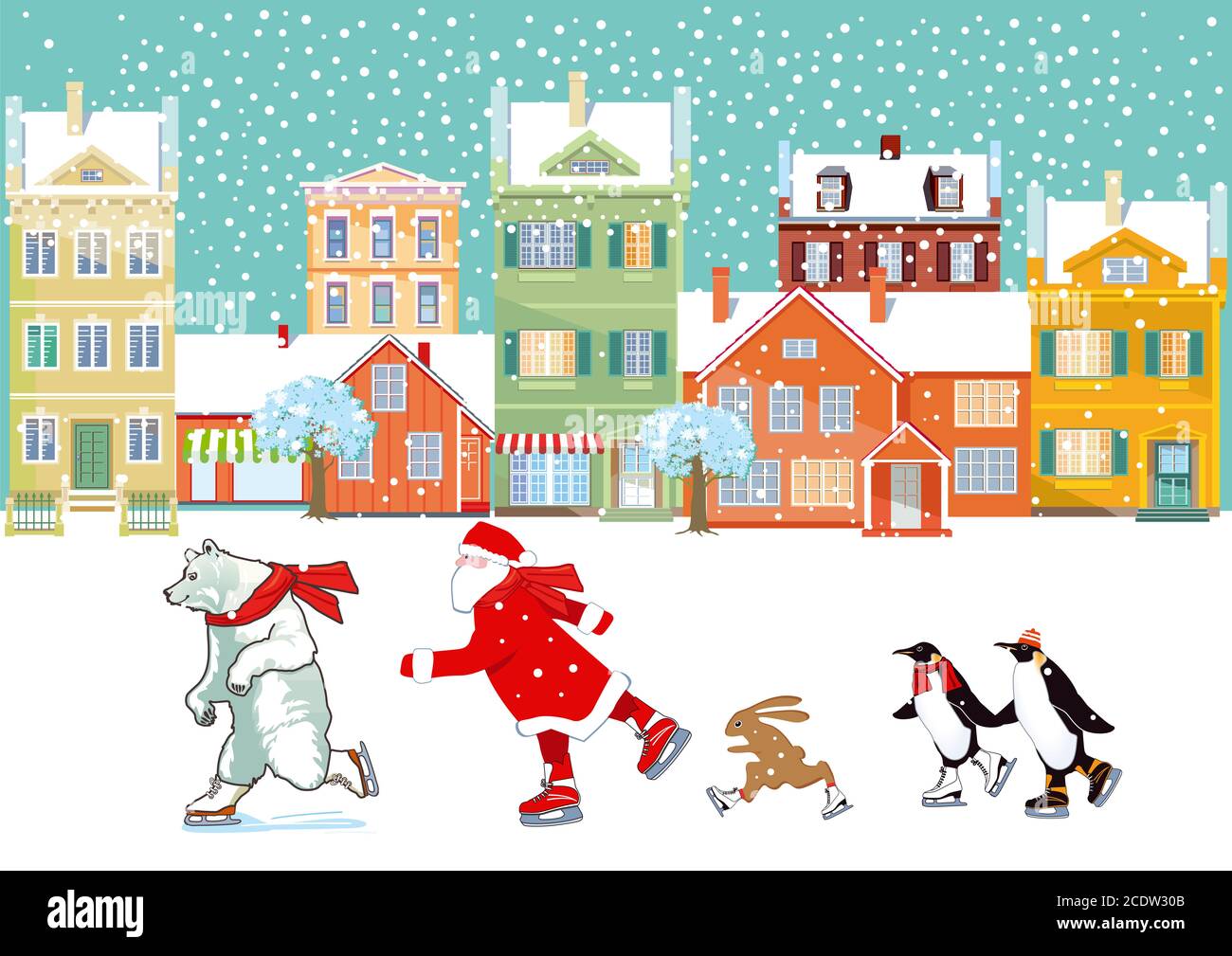 Père Noël avec l'ours polaire, pingouin et bunny skating, illustration Banque D'Images