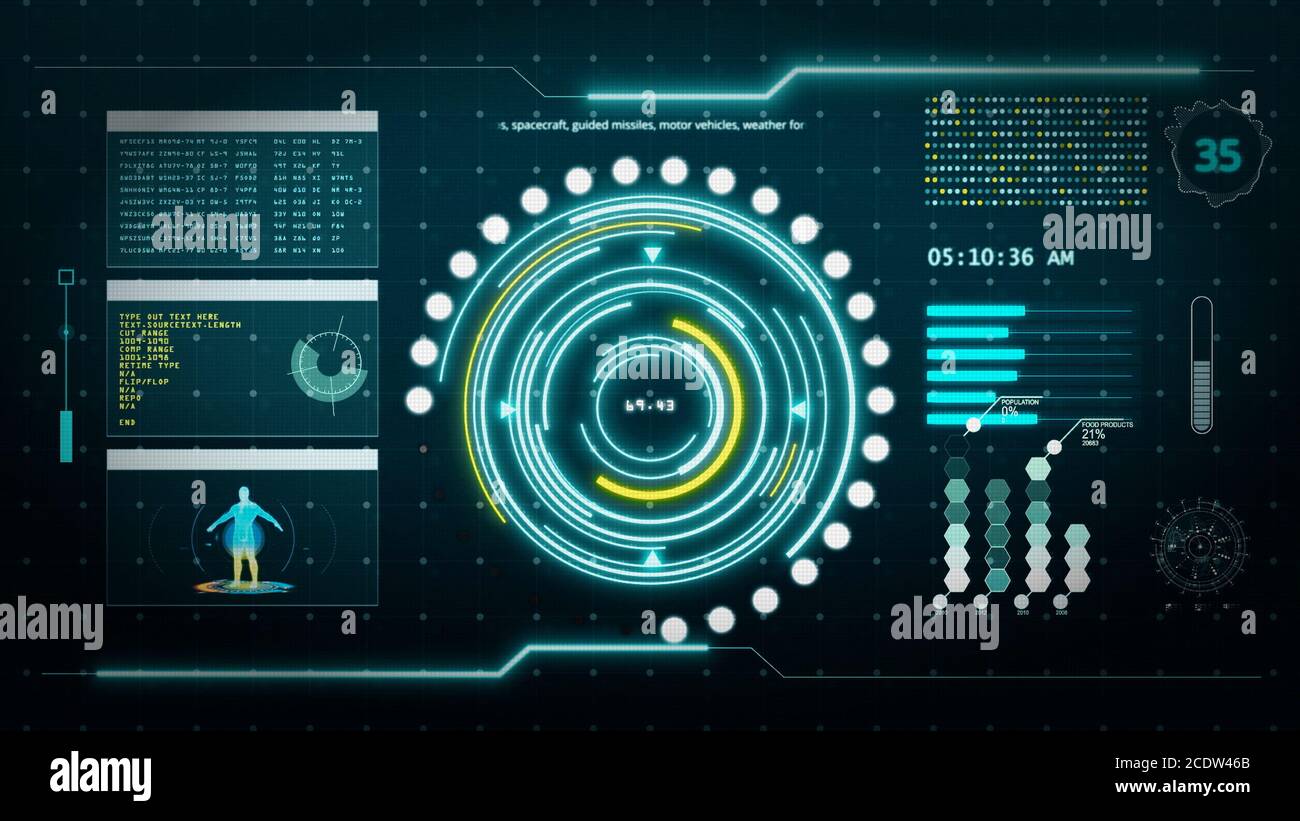 Interface utilisateur de transformation numérique HUD écran d'ordinateur avec arrière-plan pixels. Bleu et jaune abstrait hologramme technologie holographique con Banque D'Images