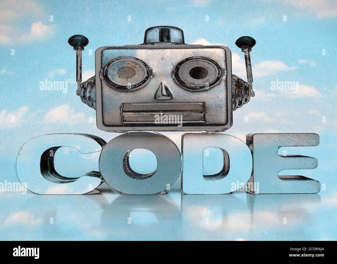 Robots monochrome tête avec le mot code image lumineuse Banque D'Images