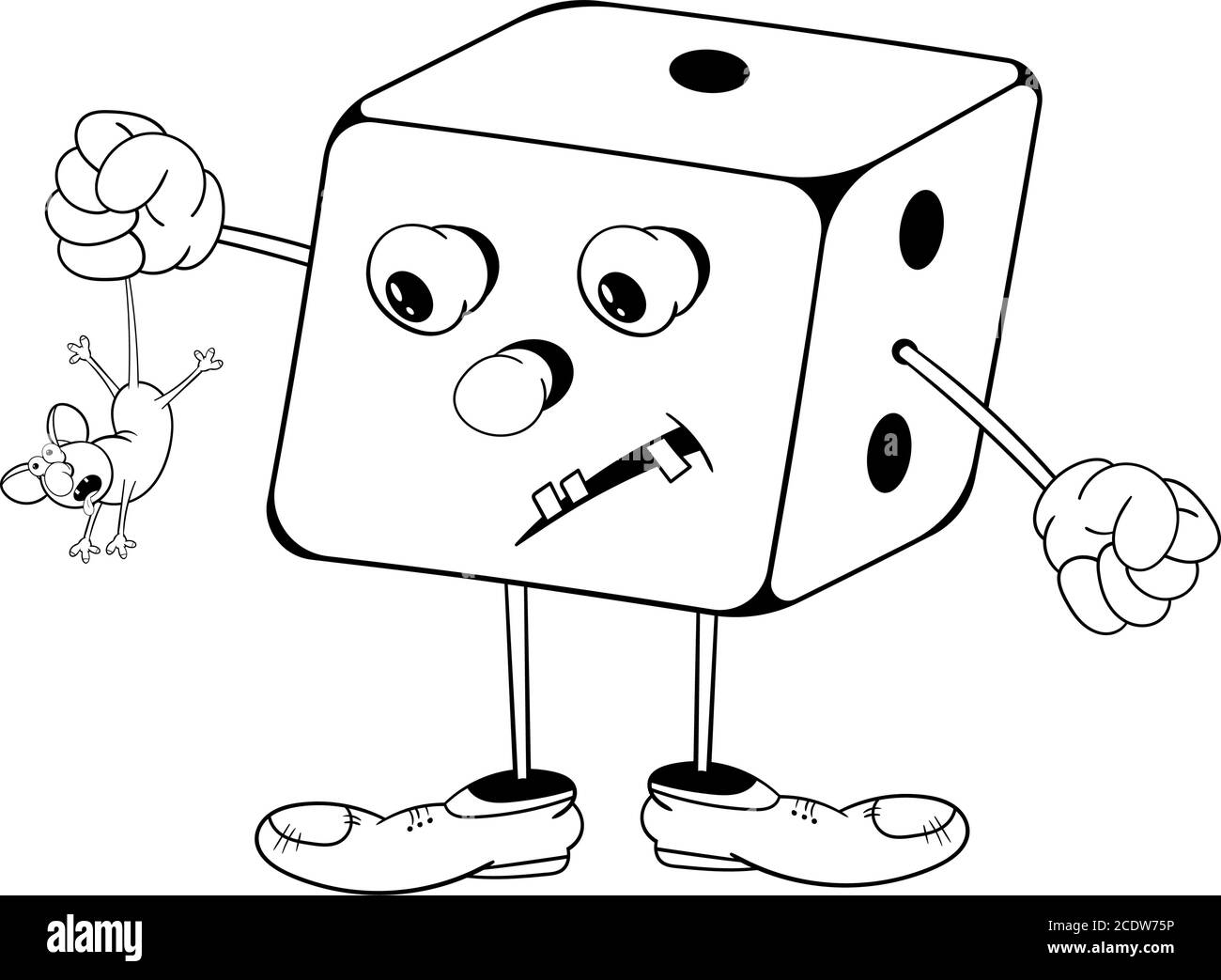 Drôle de dessin animé jeu de dés avec les yeux, les bras et les jambes tenant une petite souris dans sa main. Couleur noir et blanc. Illustration de Vecteur