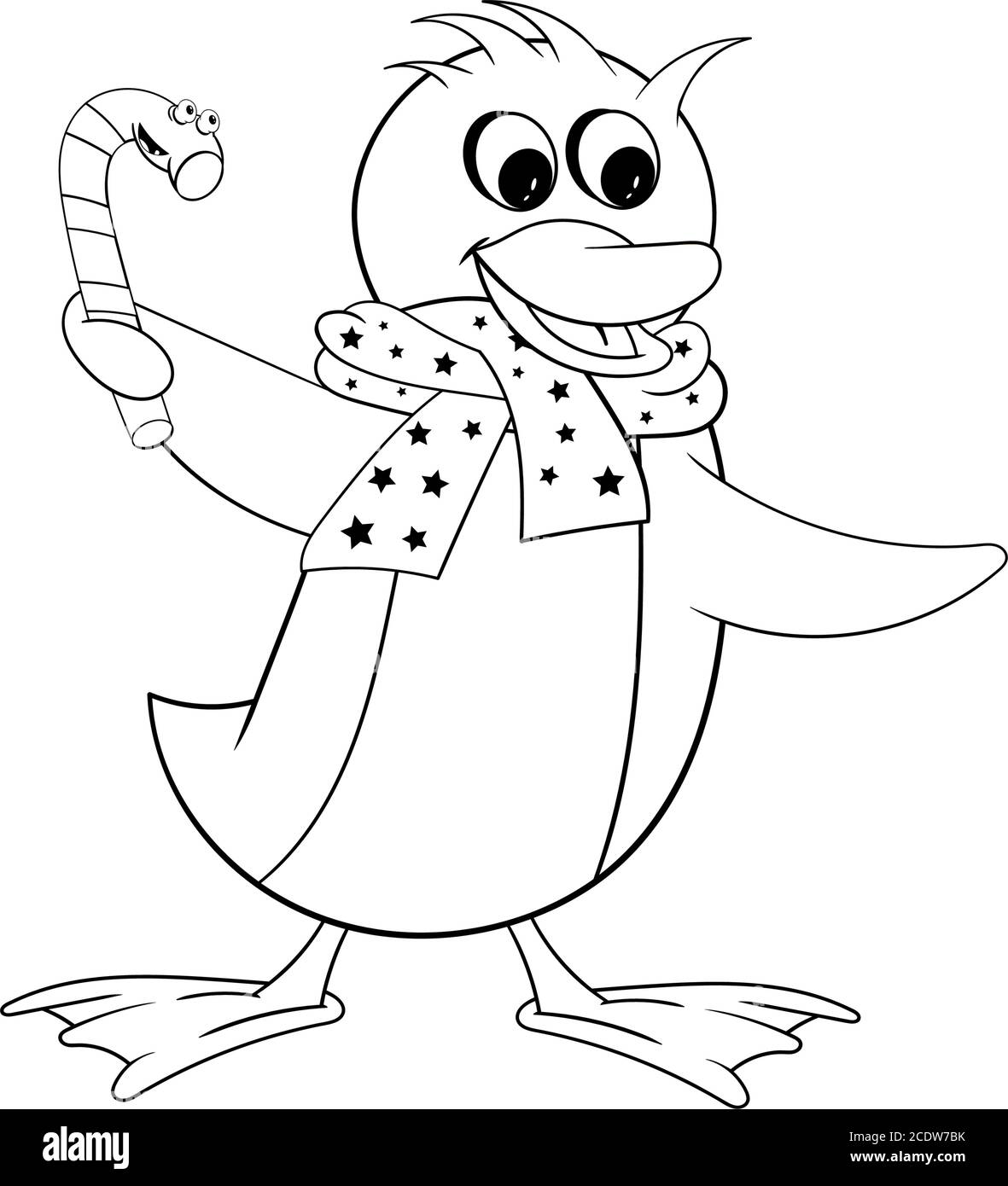 Penguin tient un bonbon de Noël dans sa main. Drôle de coloration dans le style de la bande dessinée Illustration de Vecteur