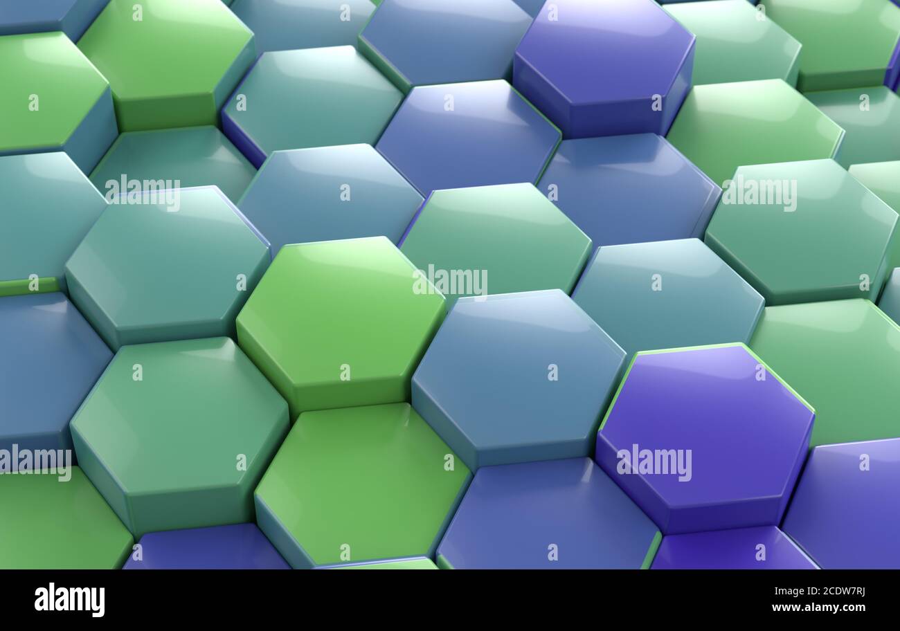 Arrière-plan hexagonal bleu et vert perspective, 3d illustration Banque D'Images
