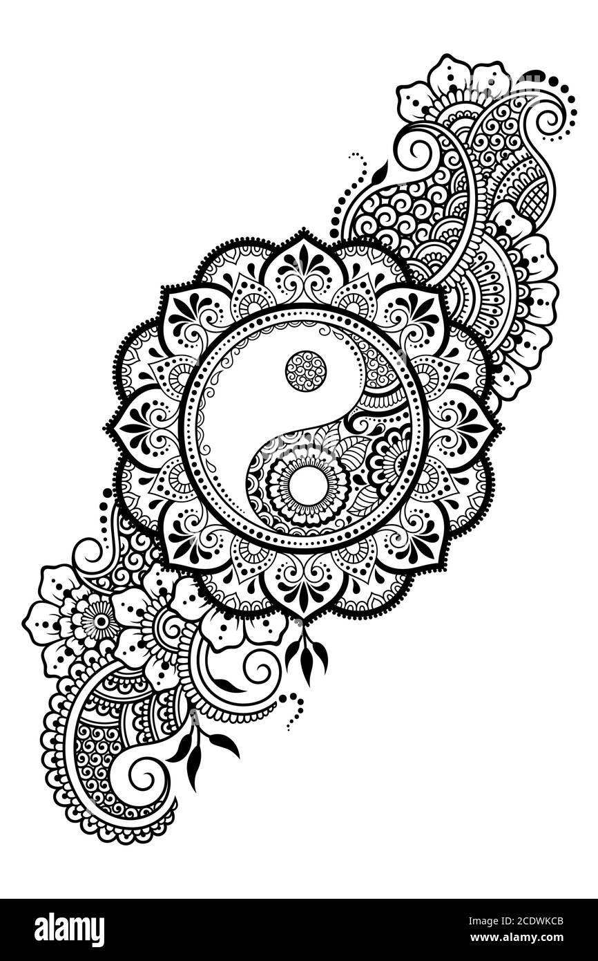 Motif circulaire en forme de mandala pour Henna, Mehndi, tatouage, décoration. Décoration décorative de style oriental ethnique avec symbo Yin-Yang dessiné à la main Illustration de Vecteur