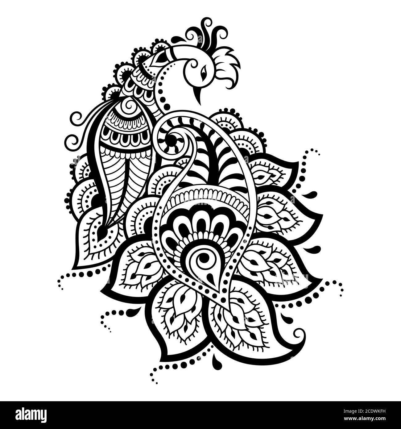 Motif de fleurs de Mehndi avec paon pour le dessin de Henna et le tatouage. Décoration ethnique orientale, de style indien. Décoration Doodle. Dessiner à la main le vecto du contour Illustration de Vecteur