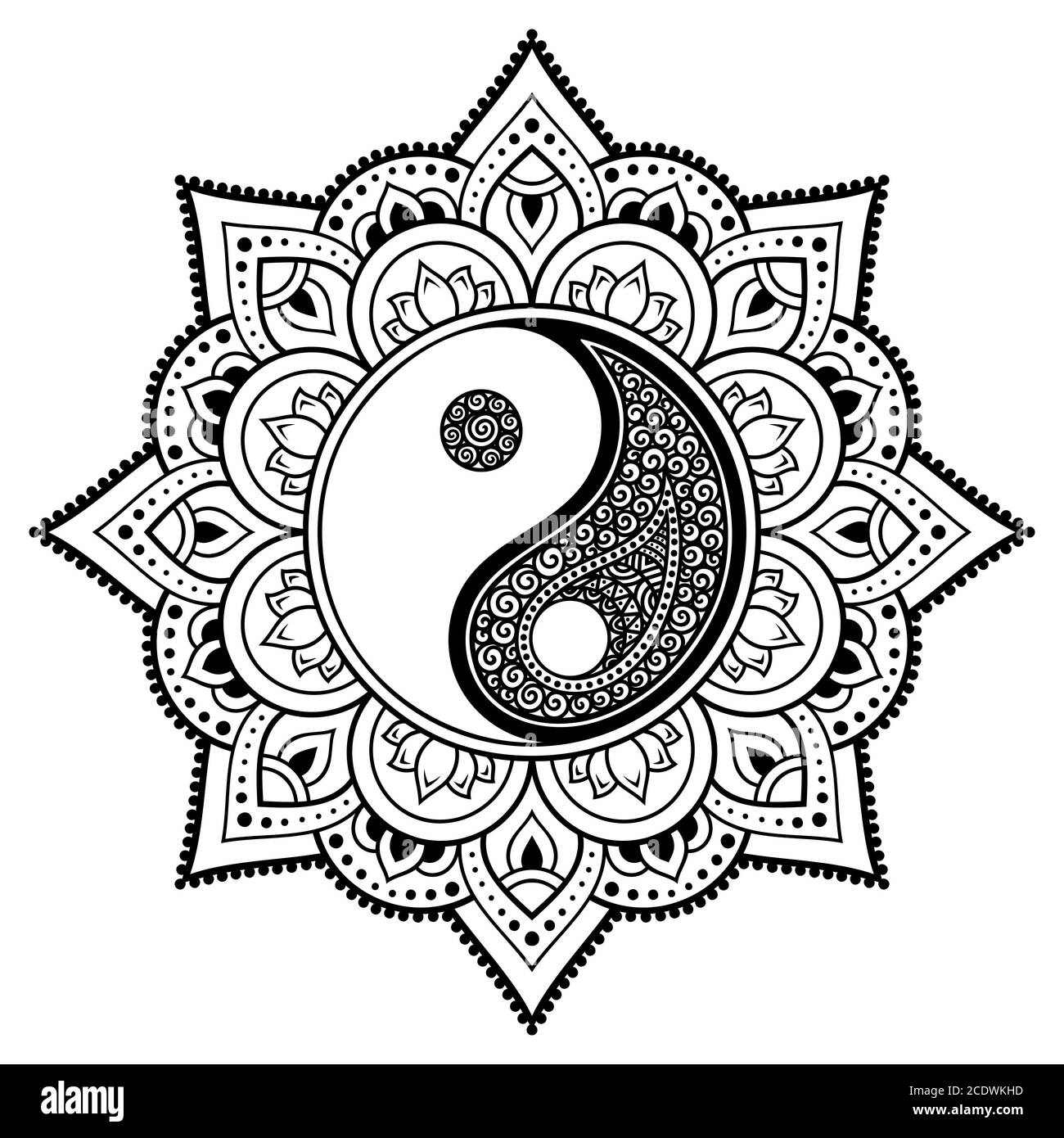 Motif circulaire en forme de mandala pour Henna, Mehndi, tatouage, décoration. Décoration décorative de style oriental ethnique avec symbo Yin-Yang dessiné à la main Illustration de Vecteur