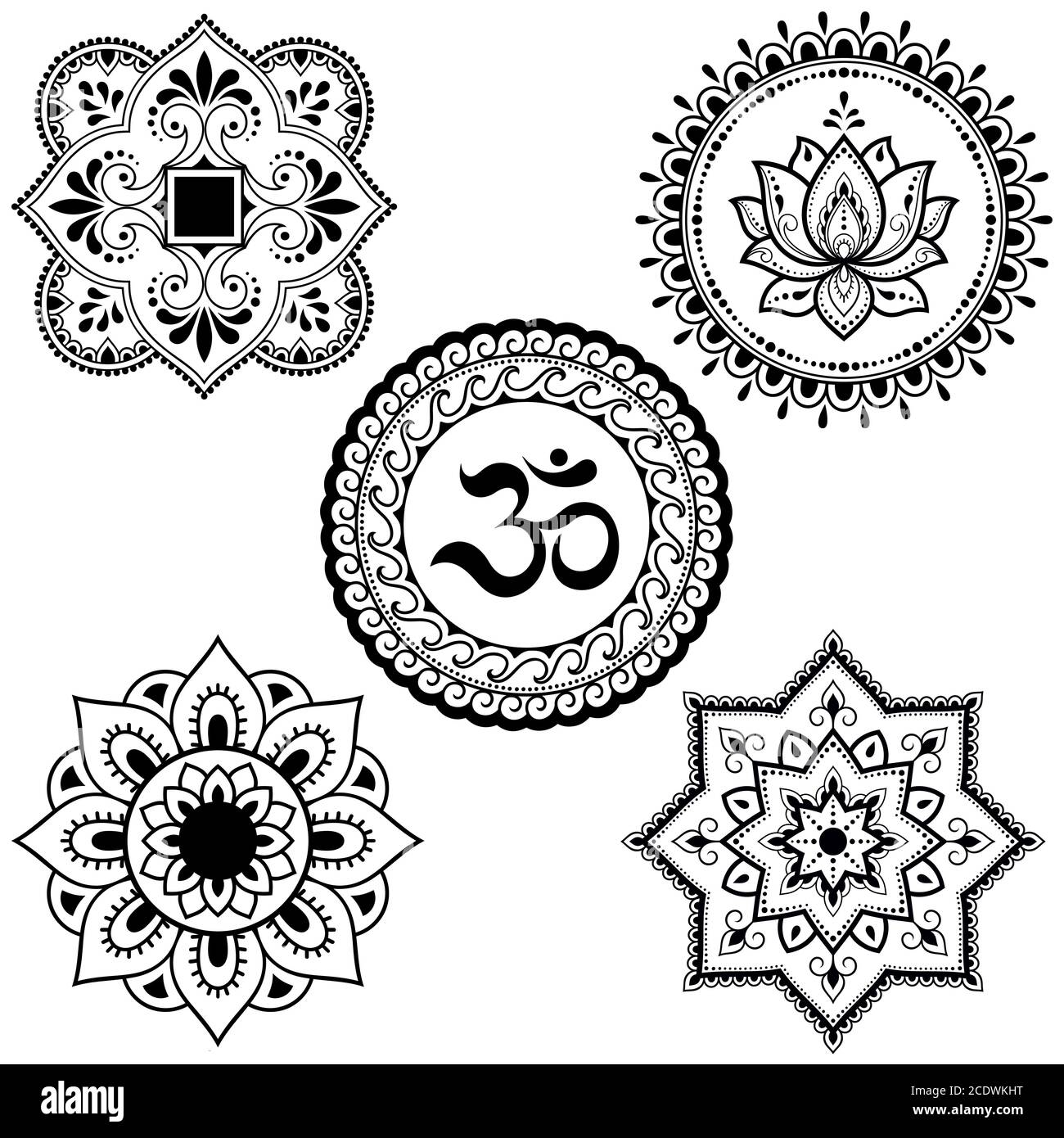 Ensemble de motifs circulaires sous forme de Mandala avec des symboles religieux. Signes orientaux OM, fleur de lotus, soleil pour Henna, Mehndi, tatouage, décoration. Décoration Illustration de Vecteur