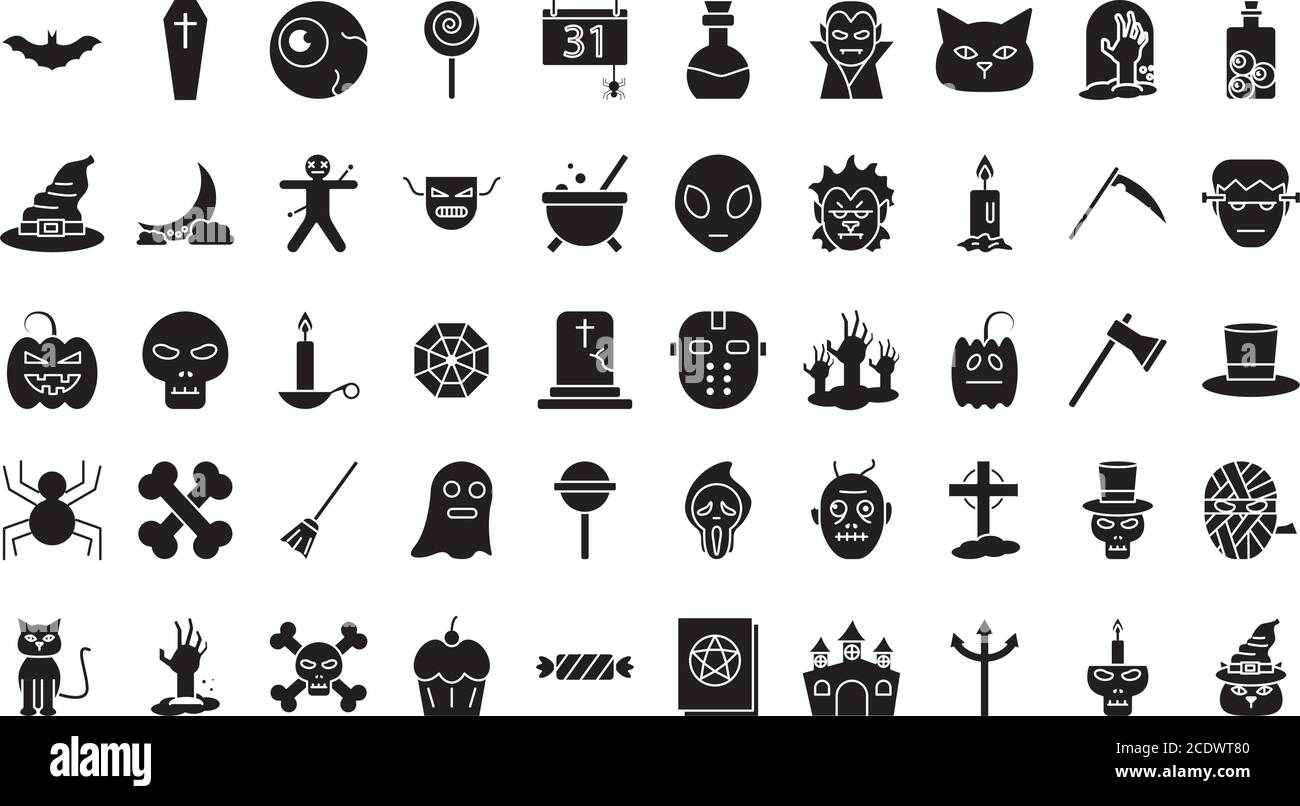 Halloween silhouette style 50 Icon Set design, Holiday et effrayant thème illustration vectorielle Illustration de Vecteur