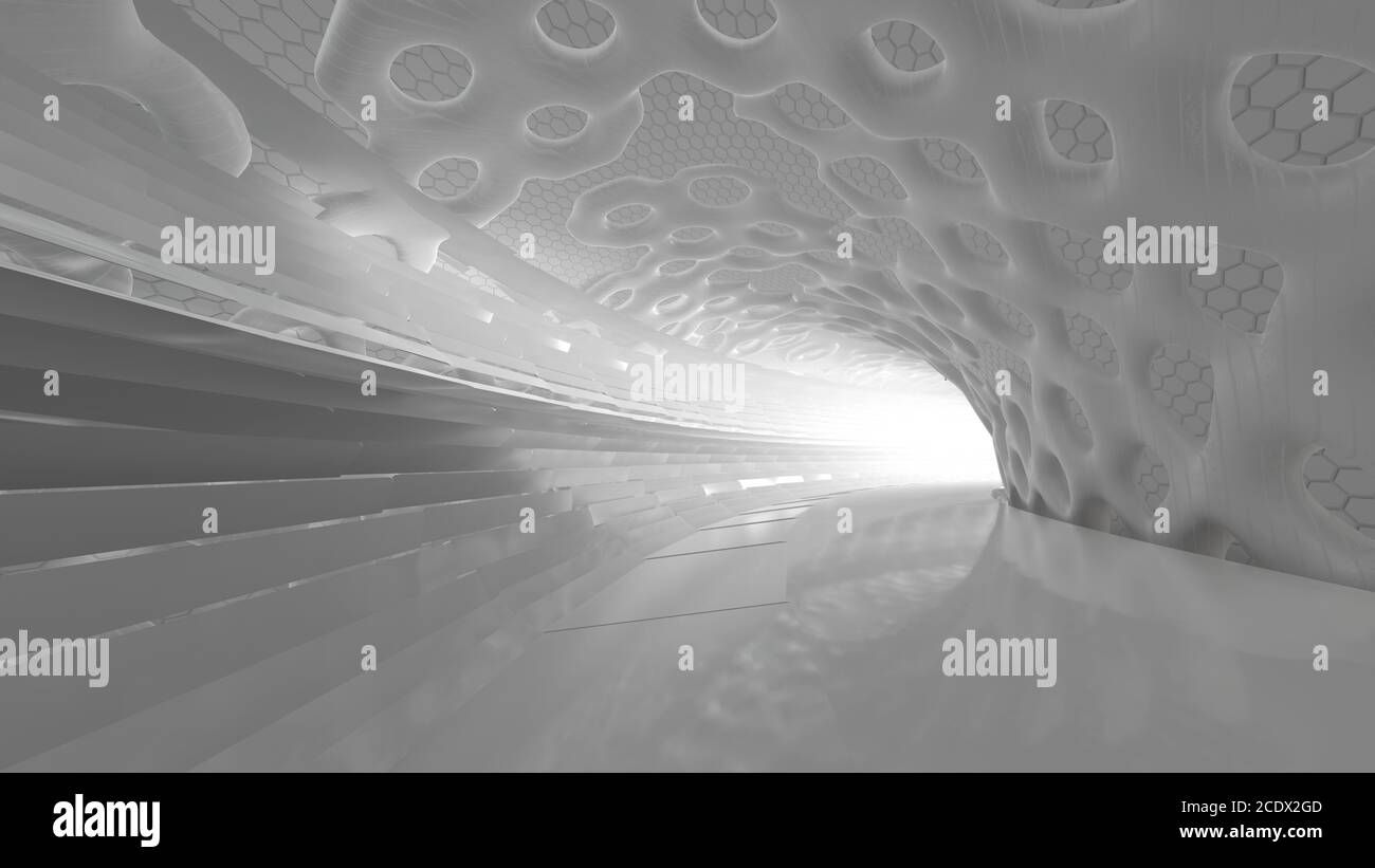 Résumé L'architecture organique moderne et futuriste en forme de tunnel tube rond avec fond clair. Illustration 3D Render Banque D'Images