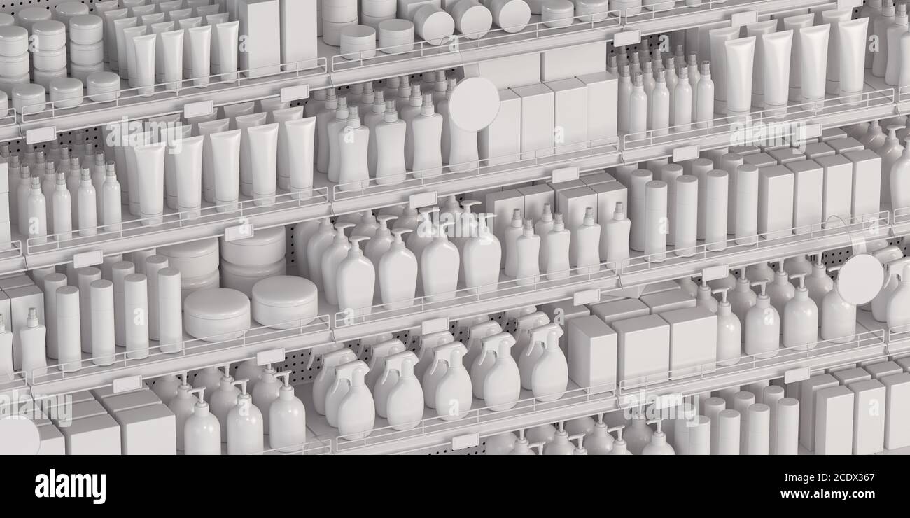 Étagère blanche de supermarché avec produits cosmétiques, bouteilles, tubes, boîtes, produits de soins personnels. illustration 3d Banque D'Images