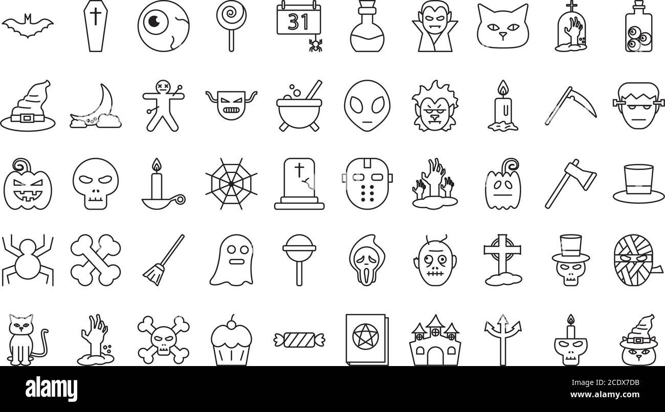 Ensemble de 50 icônes style ligne Halloween, illustration des fêtes et des vecteurs de thème effrayant Illustration de Vecteur