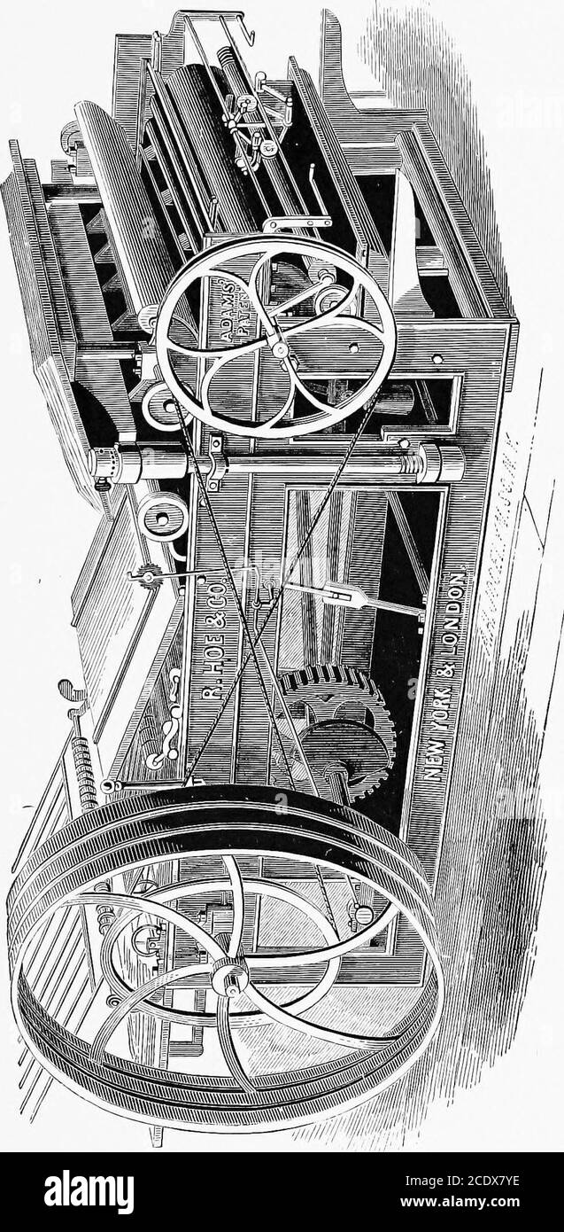 . Un bref historique de la presse à imprimer et des améliorations des machines à imprimer de l'époque de Gutenberg jusqu'à nos jours . ne, ayant été employé par des imprimeurs de gravures sur plaques de cuivre au XVe siècle.leurs machines, cependant, étaient impolis dans la forme, et fait de bois, le rouleau tournant dans les roulements fixes, tandis que le lit, avec la plaque, sur lui et portant le papier, recouvert d'une couverture, sur sa surface, déplacé vers l'arrière et vers l'avant sous le rouleau. L'encrage a été fait à la main avec des boules. Avec l'inauguration de ce système d'impression à partir de type ou de formulaires placés sur un plat Banque D'Images