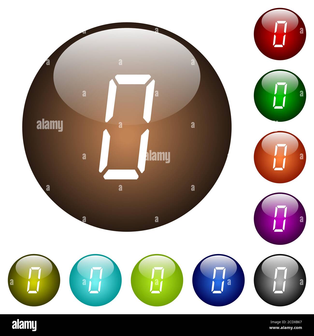 le numéro numérique zéro des icônes blanches de type sept segments est allumé boutons ronds en verre de plusieurs couleurs Illustration de Vecteur