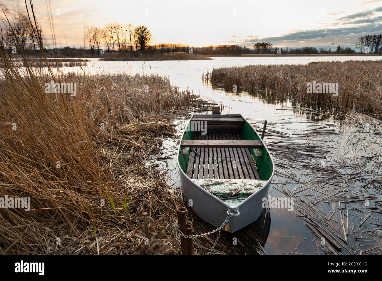 Bateau de pêche attaché à la rive parmi les roseaux Banque D'Images