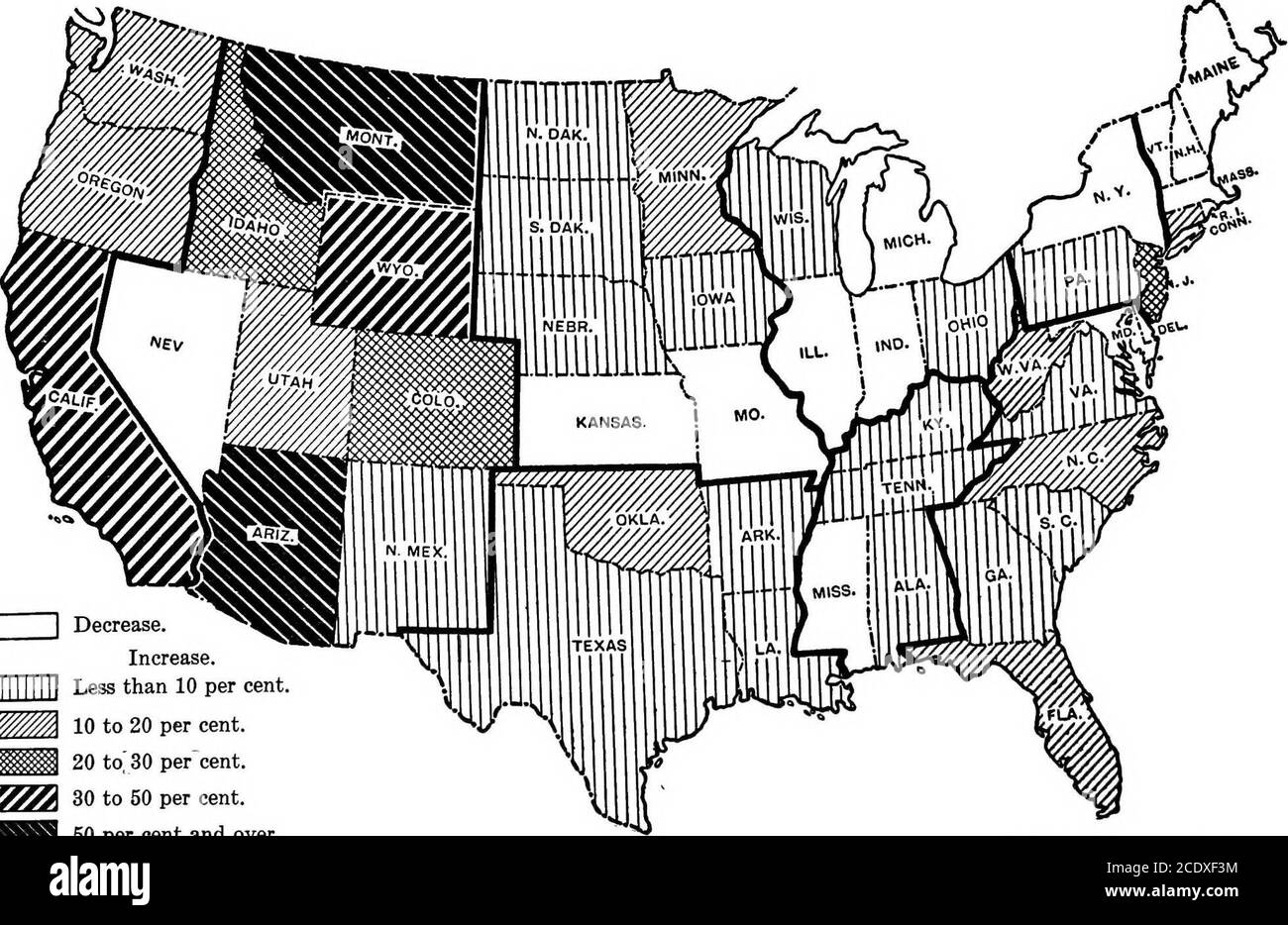 . Recueil de statistiques sur les entreprises de Joseph E. Austrian; compilation complète, concise et pratique, spécialement préparée pour l'utilisation des cadres de vente et de publicité; sur la base des résultats du recensement de 1920 et des données provenant d'autres sources autorisées, avec des cartes et des diagrammes . Augmentation de moins de 10 %, de 10 à 20 %.^^^ 20 à 30 %.WX^ 30 à 50 %. 50 % et plus. Les lignes lourdes (^—) montrent des divisions géographiques, établies par le Bureau du Censiu. POURCENTAGE DE L'AUGMENTATION DE LA POPULATION DU TERRITOIRE RURAL EN 1920, PAR ÉTATS: 1910-1920. Diminuer. INCR Banque D'Images