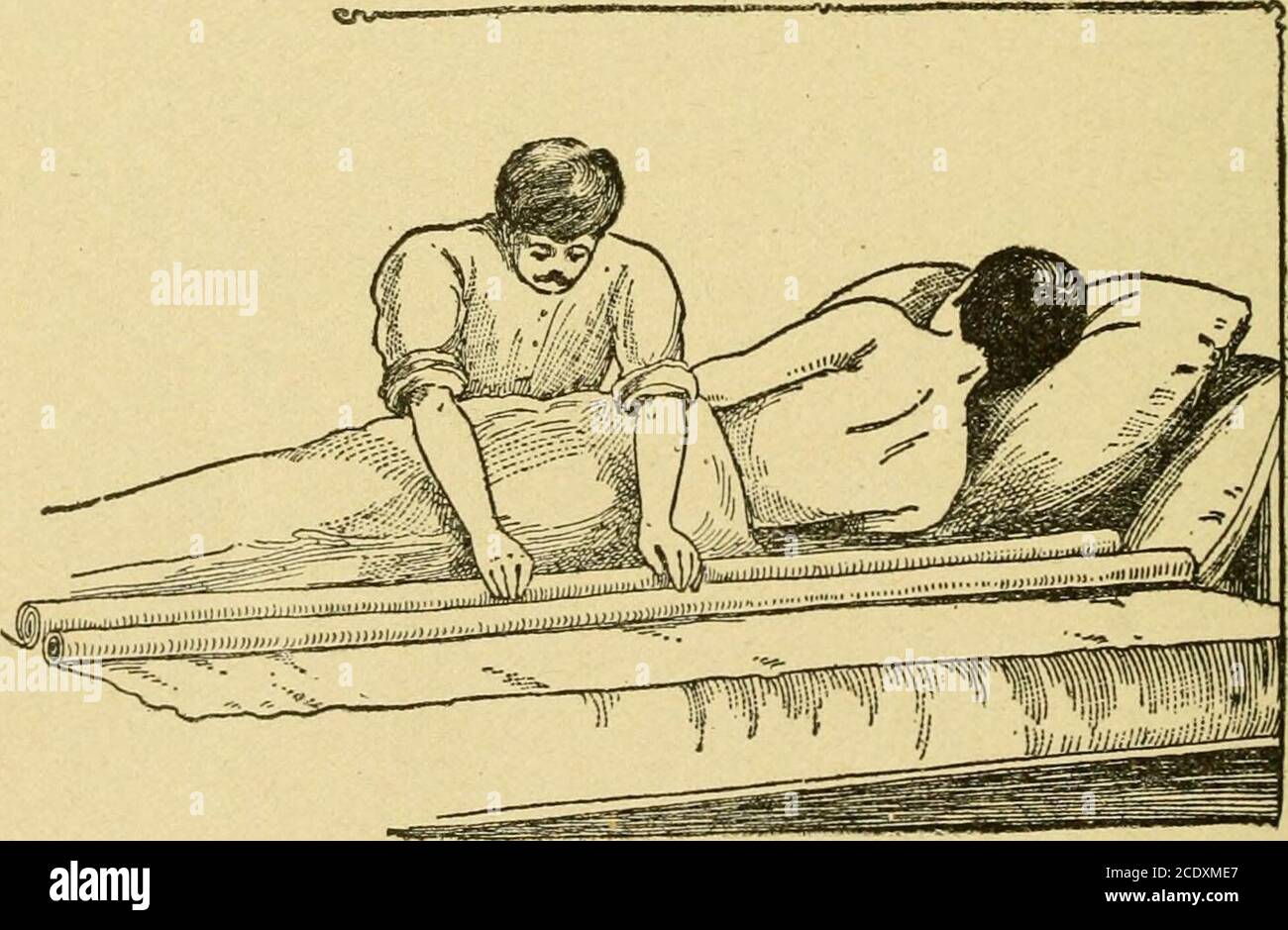 . Maison et santé; un manuel de ménage contenant deux mille recettes et des suggestions utiles sur la construction et les soins de la maison en harmonie avec les lois de santé .. . et calmer les malades, les nerfs corroyés. L'abilitépour faire un lit n'est pas le moins parmi les complimentsd'une infirmière. Un bon matelas plat, fait de coton ou de cheveux, est le meilleur pour un lit de maladie. Lits de plumes ou bâtons rembourrés, confortables ou pratiques. Les couvertures, comme elles peuvent être aérées et lavées facilement, sont meilleures pour les couvertures réconfortables. Les draps et les couvertures devraient être changés souvent, et 524 Accueil et Santé Abili Banque D'Images