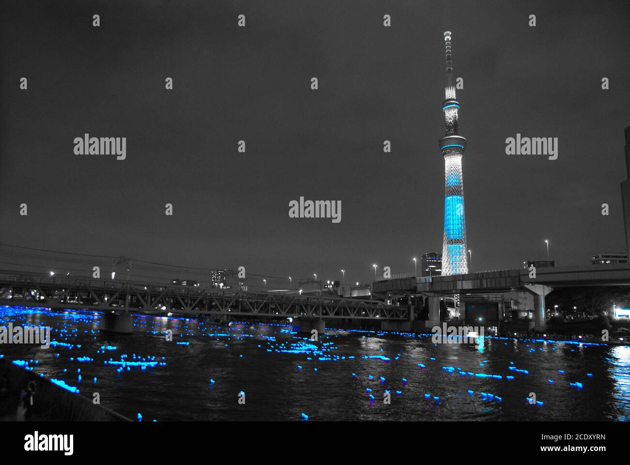 Arbre de ciel et illuminations (Tokyo lucily) monochromatiques Banque D'Images