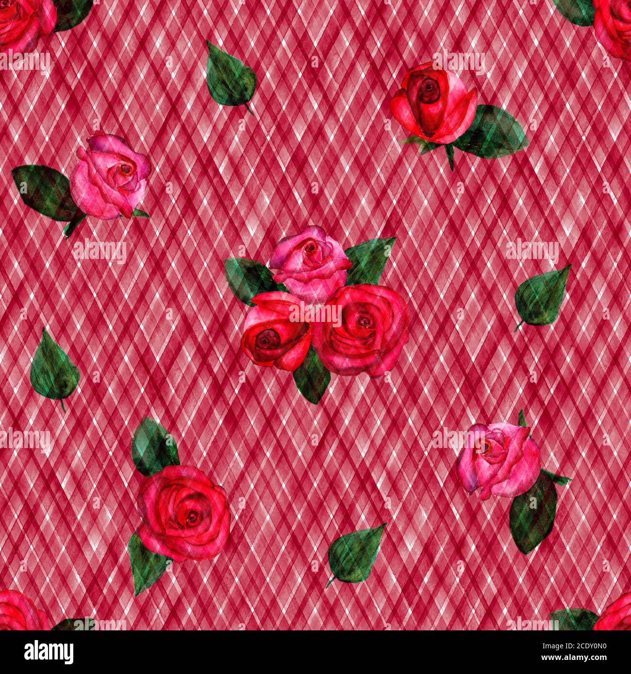 Arrière-plan avec aquarelle rose roses rouges sur des rayures rouges motif écossais sans couture. Aquarelle peinte à la main rayures de couleur ancienne texture grunge. Imprimer pour textil Banque D'Images