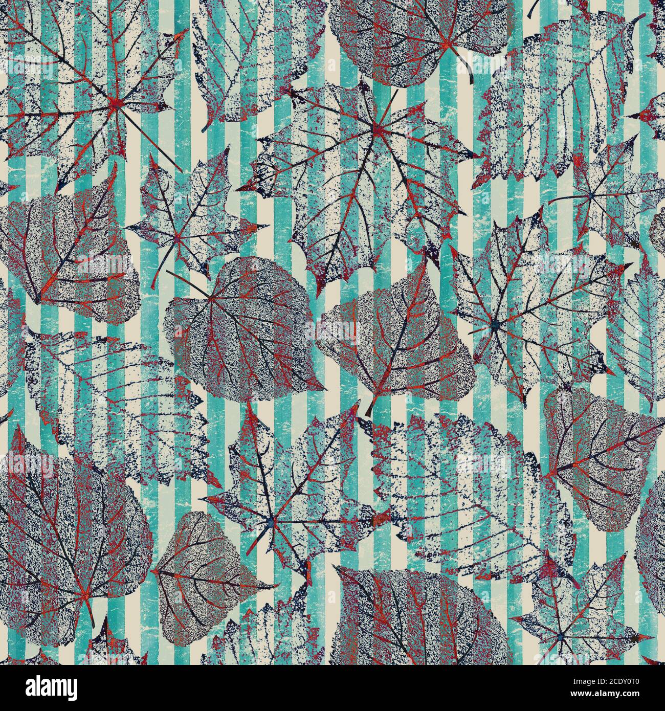 Motif à rayures sans coutures feuilles abstrait automnal transparent. Laisse ornement sur fond bleu sarcelle rayures vertes. Imprimé automnale à rayures pour les textos Banque D'Images