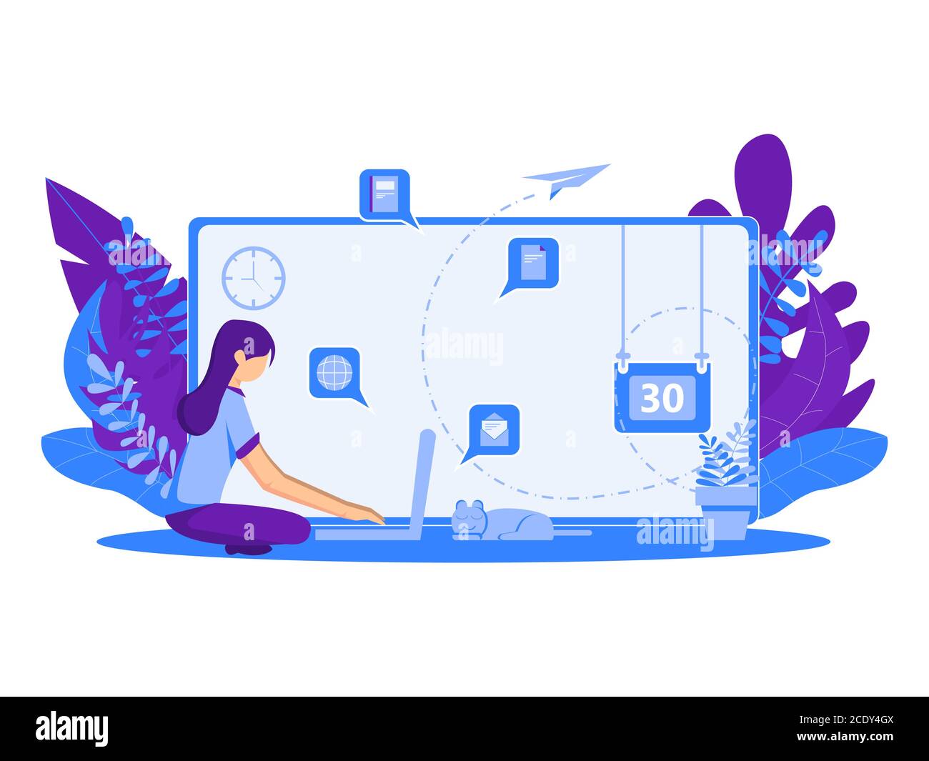 illustration vectorielle d'une femme travaillant devant un ordinateur portable. travail à la maison. accompagnée d'un chat d'animaux. Illustration de Vecteur