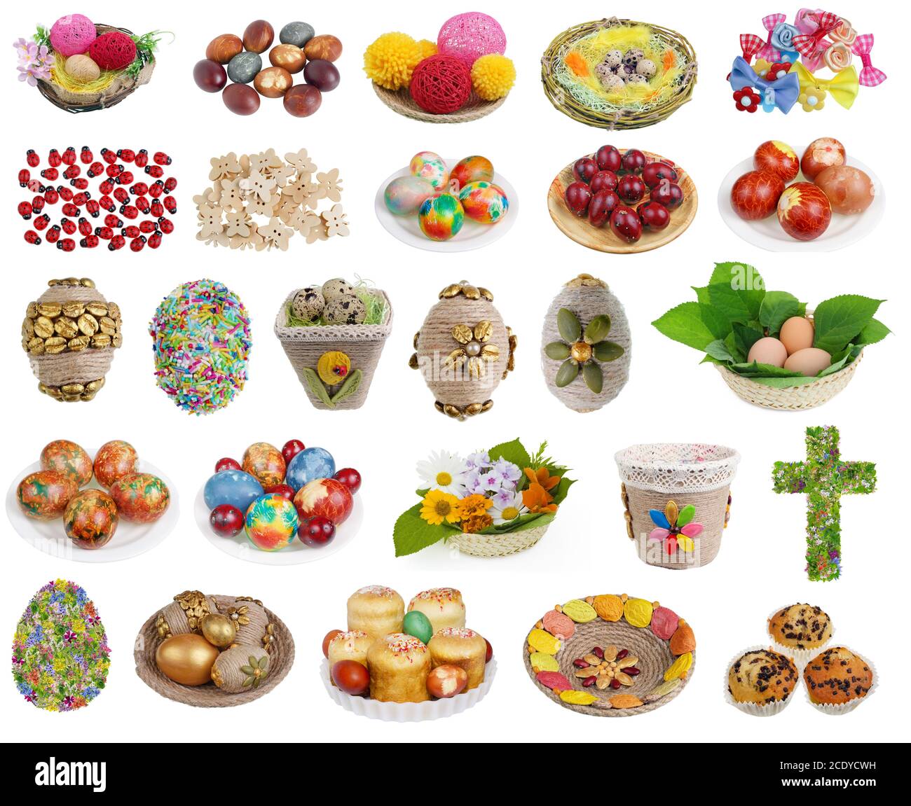 Objets faits maison pour décorer des compositions de Pâques ensemble isolé Banque D'Images