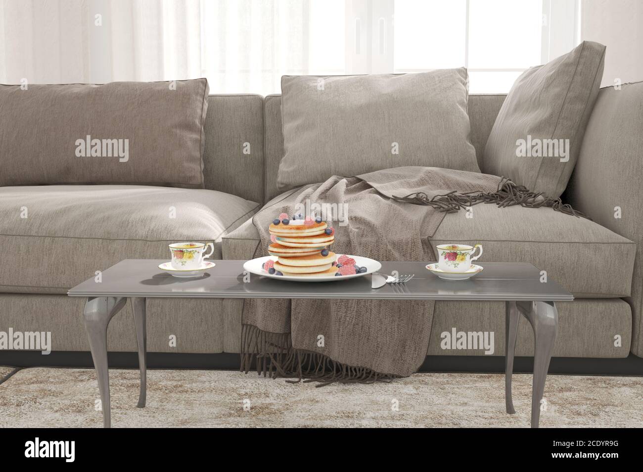 cette chambre moderne dispose d''un canapé, d''une table, de tasses, d''une assiette et d''un plateau/bouilloire. Illustration 3D Banque D'Images