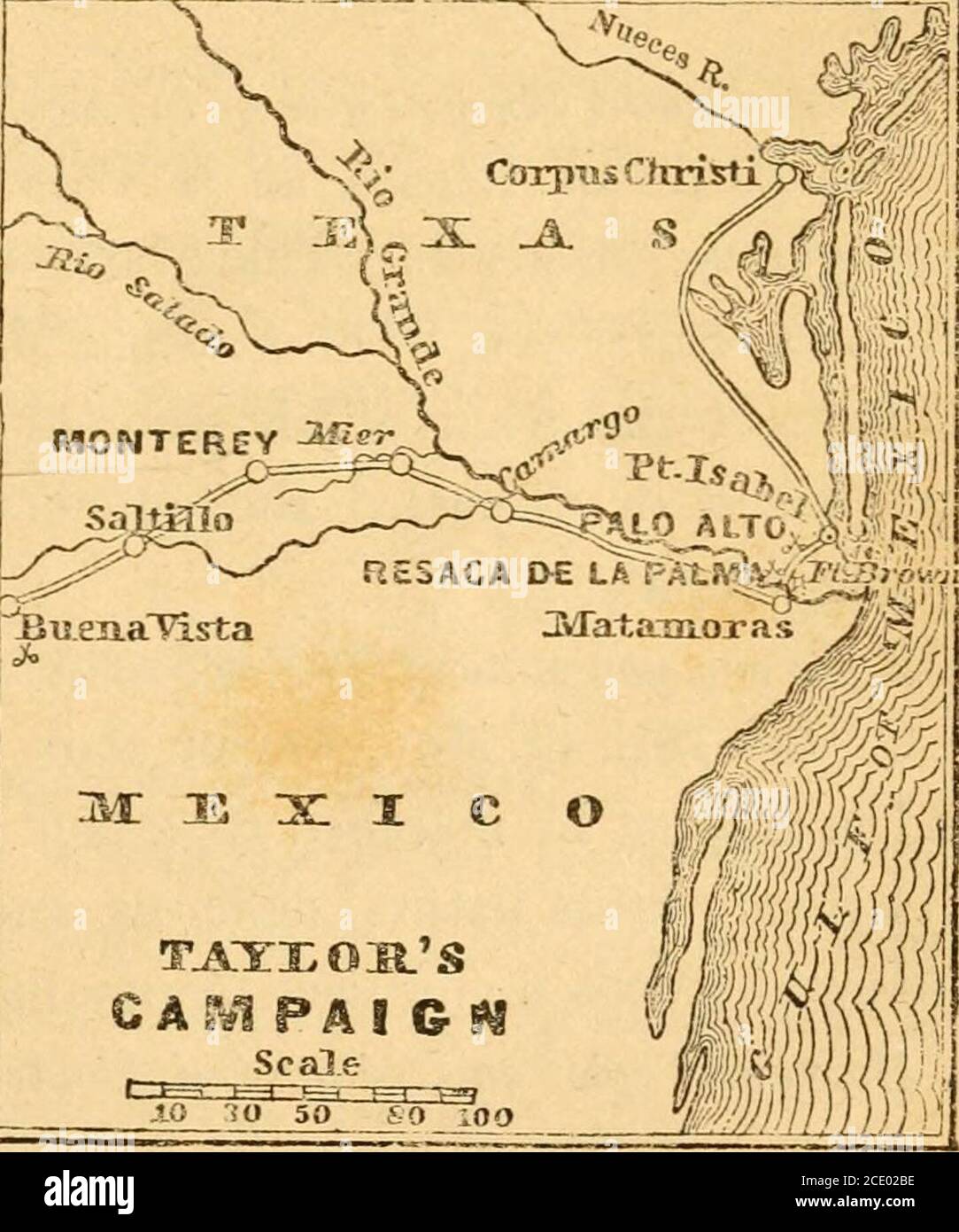 . Une introduction à l'histoire de l'école des États-Unis, organisée sur le plan catéchétique; auquel s'ajoutent la Déclaration d'indépendance, et la Constitution des États-Unis avec des questions et des explications. Xation du Texas fl'annexion de i^exas aux États-Unis a conduit à une guerre avec le Mexique; Pour le Mexique encore revendiqué le Texas comme une partie de territoire d'hérown, et a considéré l'acte d'annexion comme une cause de guerre. ÉVÉNEMENTS DE 1846. Quelle force a été envoyée pour la protection du Texas?pour la protection du nouvel Etat, le général IV/lor a procédé, par ordre du Président Polk, à l'EIO Grande Banque D'Images
