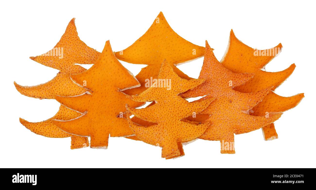 Forêt de Noël faite de peaux d'orange sèches sculptées dans le Forme d'un sapin isolé Banque D'Images