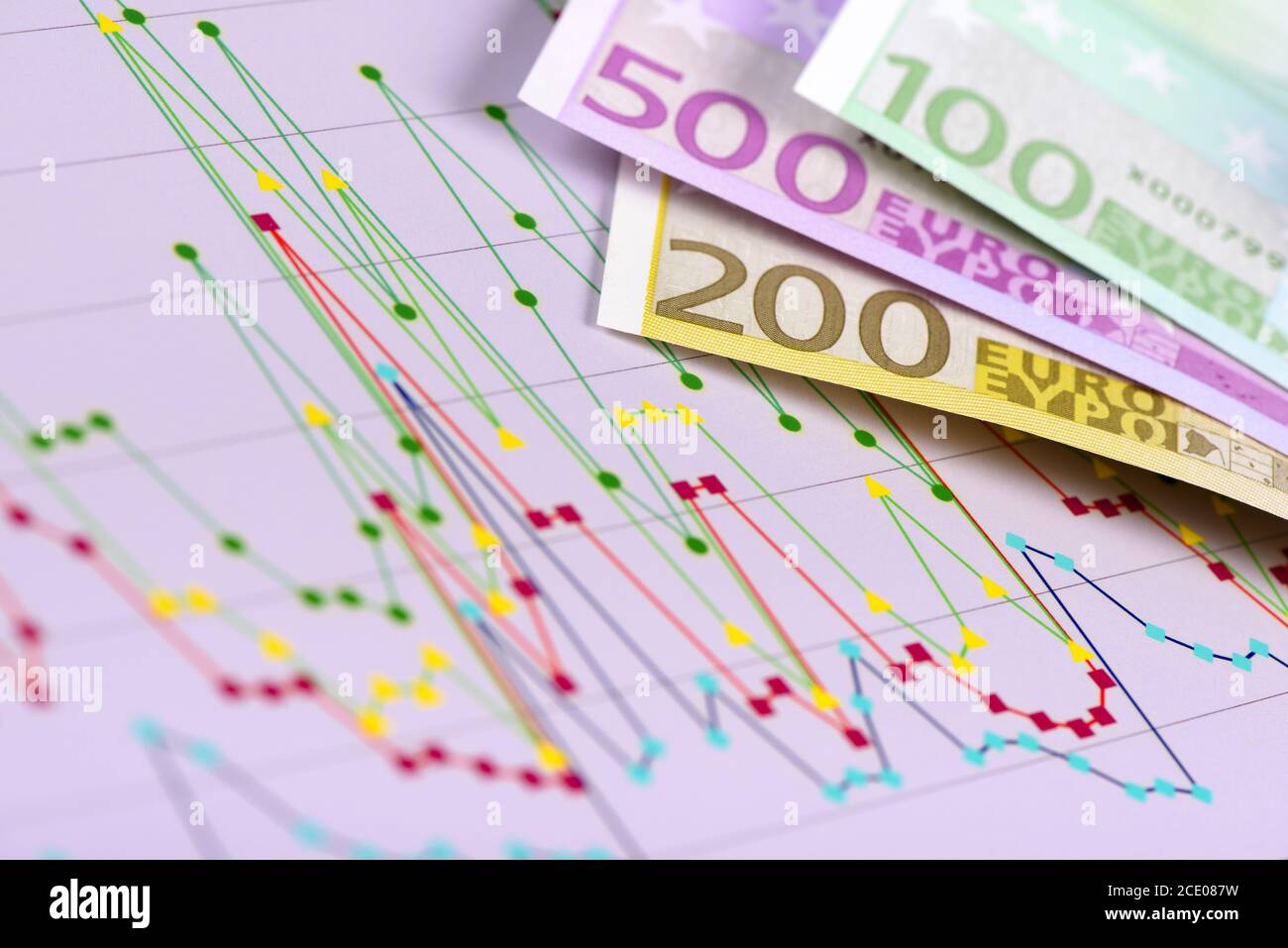 Graphique de la bourse et des billets de banque de la monnaie européenne Euro Banque D'Images