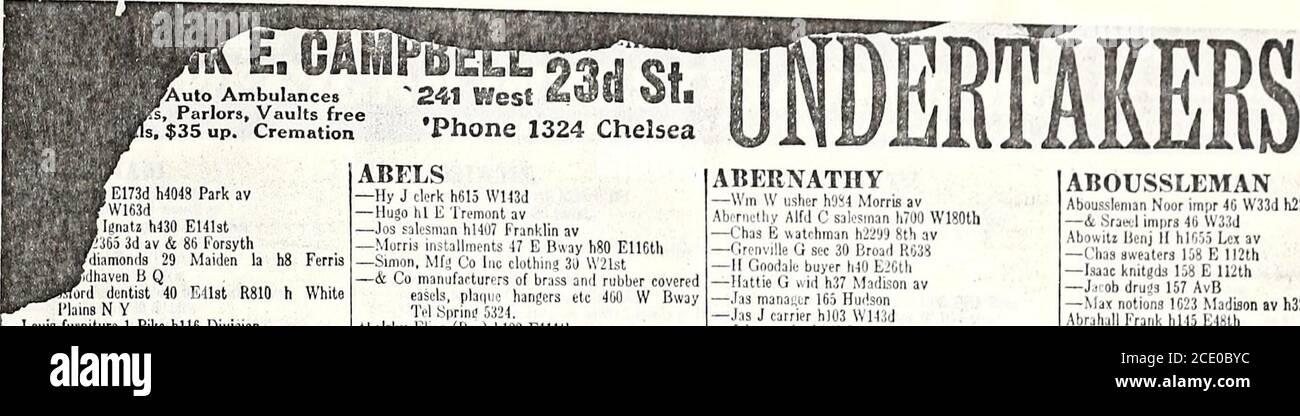 . Répertoire général de Trow des quartiers de Manhattan et Bronx, ville de New York . s N y —John H Iron 190 South hl48 W73d —Bros Iron 190 South & 365 Water Abegg EDA 1) Hotel Chelsea Abel Adam tiSGO W151st — Anthony E greffier hlS40 Eastchester RD — Barbara commis h560 W151st — Barnard gérant 90 West R1307 h Montdair N i — Bernard pres 305 Washn h Portchester N y — Bernard. Co Inc Produce 305 Washn—Cath wid Anthonv M352 Franklin av—Casas vendor h2023 Washn av—Casas supt 1)3195 Bway —Chas H police M094 Simpson—E Corning broker 36 Beaver — Edwd C Diamonds 29 Maiden la h22 Manor av Woodhaven B Q —E Banque D'Images