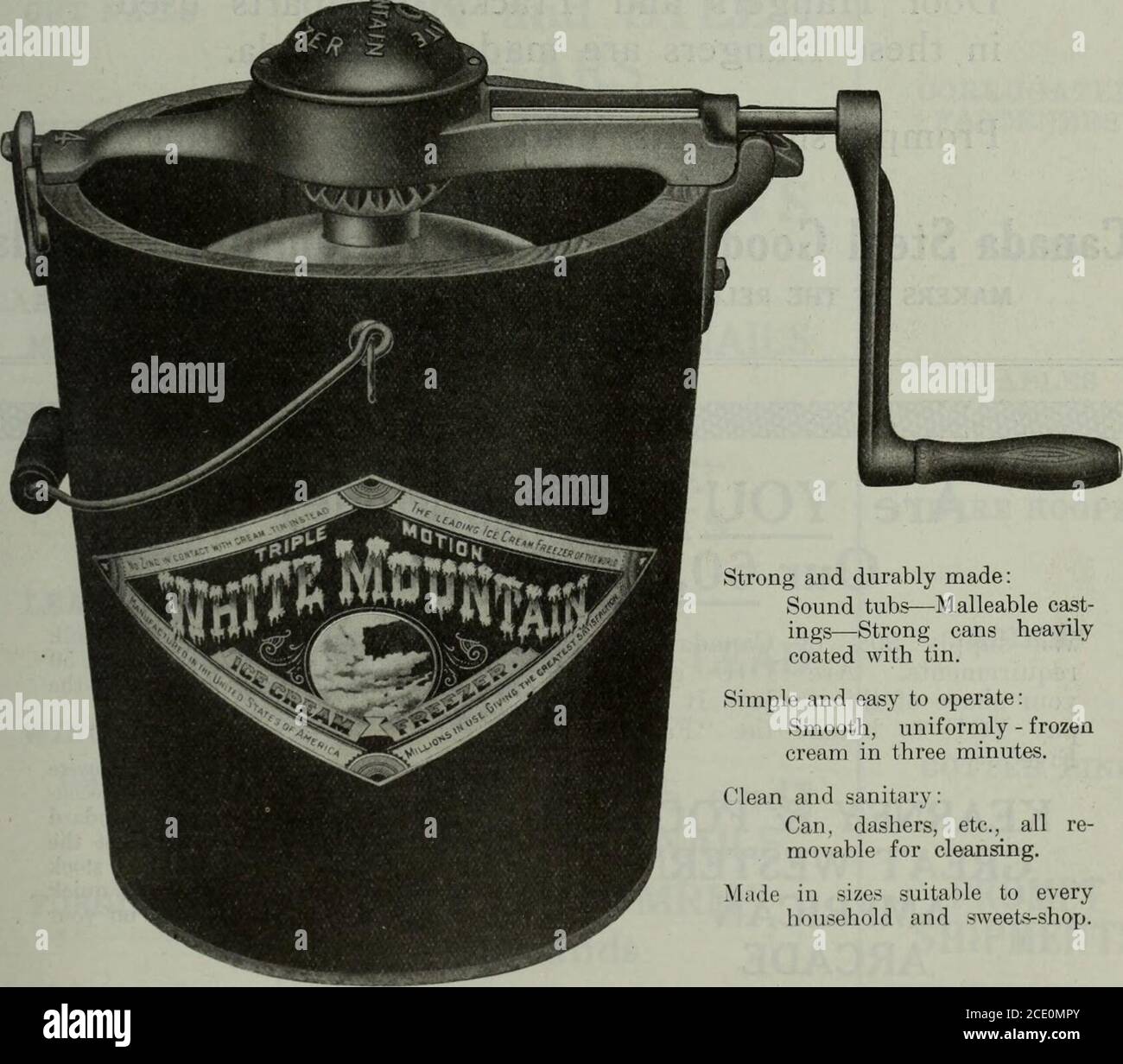 . Marchandisage du matériel Mars-juin 1915 . Avril 10. 1915. 11 A R I) W A R E ET METAL Salesship est la coopération — aidez l'acheteur à choisir ce qu'il veut! Et ce que l'acheteur, votre client, veut, dans un congélateur à crème glacée, est un produit qui donnera à l'afirm, velouté-doux rapidement, avec moins de main-d'œuvre. C'est exactement ce que permet la fonction de triple mouvement du congélateur White Mountain. Le triple mouvement signifie que, en fonctionnement, le conteneur et ses deux cendriers tournent chacun dans une direction opposée à celle qui est immédiatement à côté. Et puisque le mouvement est une requisitede premier plan de bonne congélation, c'est pourquoi Banque D'Images
