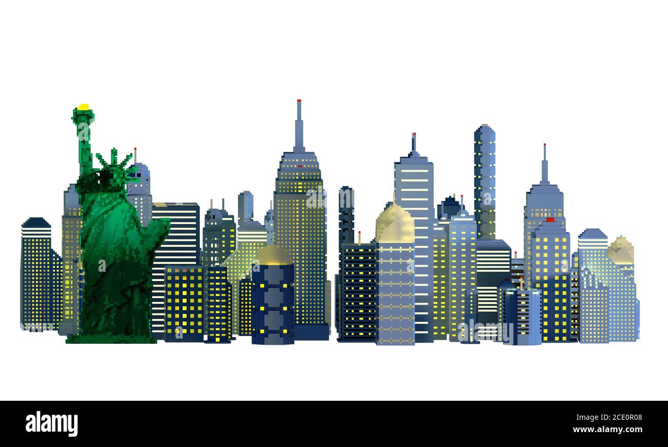 Gros plan d'une ville de New York au néon de briques d'art de pixel isolées sur fond blanc. Illustration 3D en perspective isométrique avec Statue de la liberté. Banque D'Images