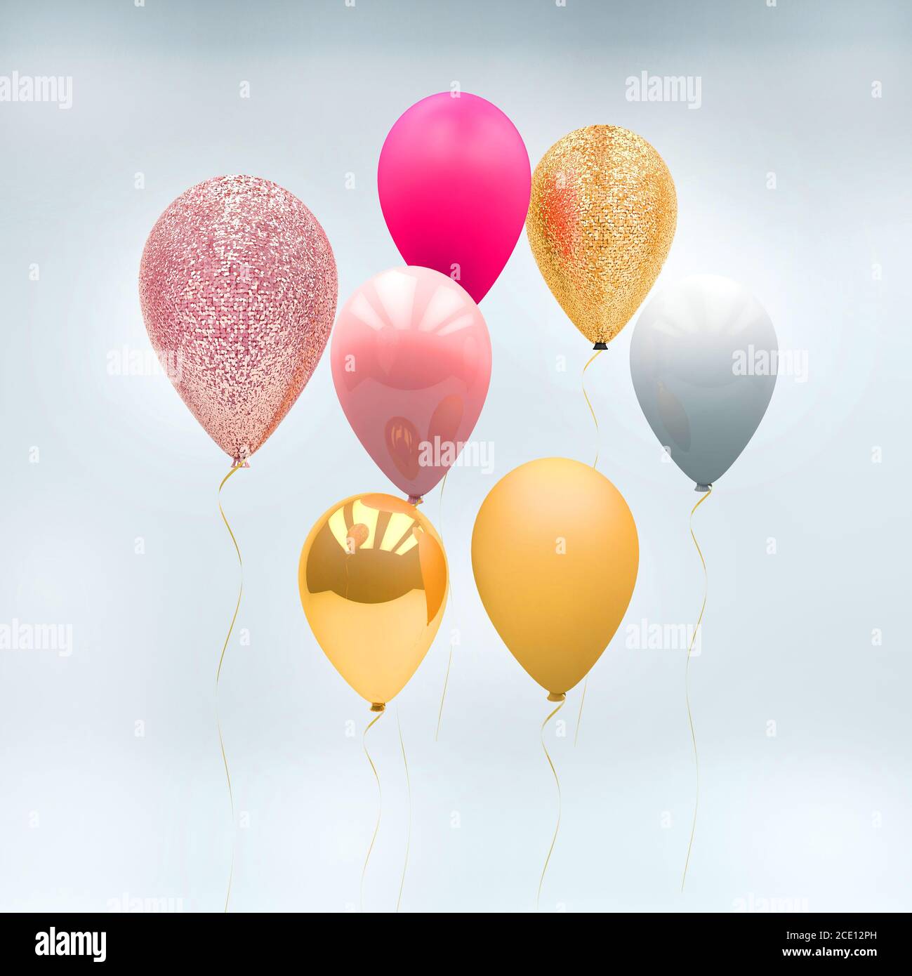 rendu 3d d'une montgolfière rose, argentée, dorée et blanche métallisée et scintillante sur un fond dégradé blanc et gris Banque D'Images
