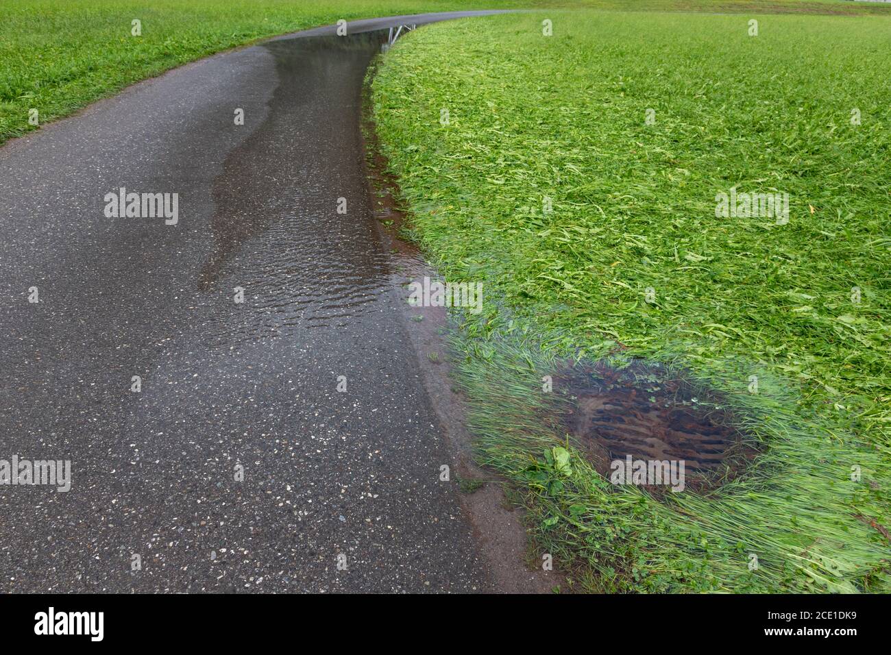 Après près de trois jours de pluie, ce drain sur le côté d'une rue est l'eau craintante qu'il ne peut pas contenir. Banque D'Images