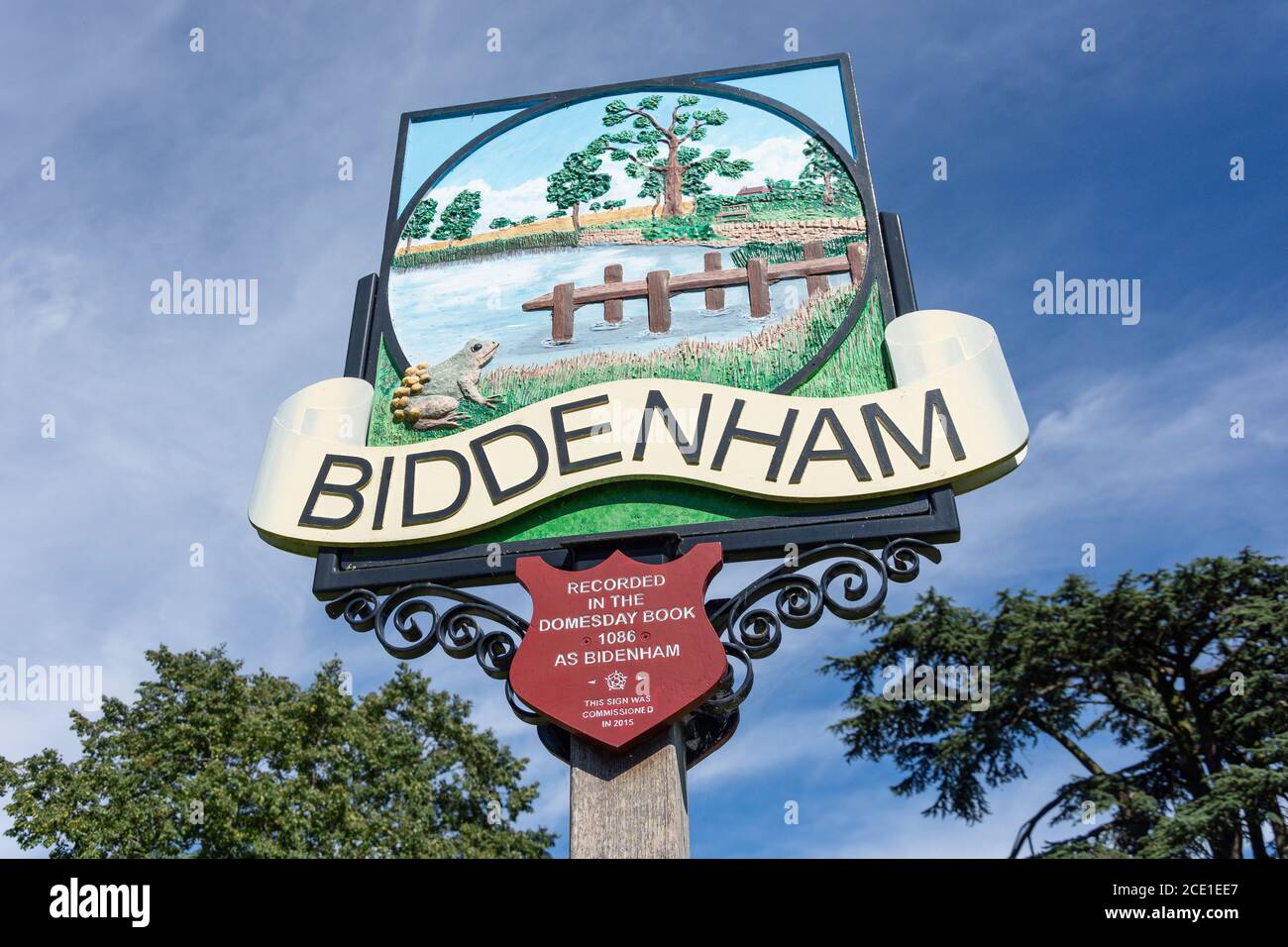 Panneau de village, The Green, Biddenham, Bedfordshire, Angleterre, Royaume-Uni Banque D'Images