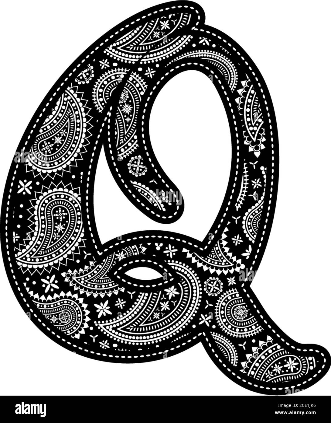 Lettre majuscule Q avec motif cachemire. Broderie noire. Isolé sur blanc Illustration de Vecteur