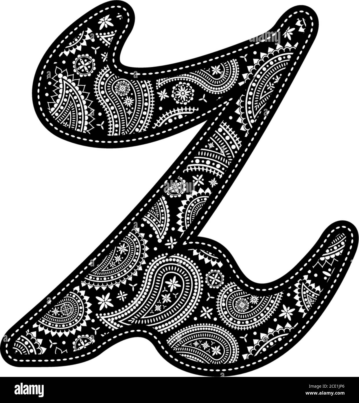 Lettre majuscule Z avec motif cachemire. Broderie noire. Isolé sur blanc Illustration de Vecteur