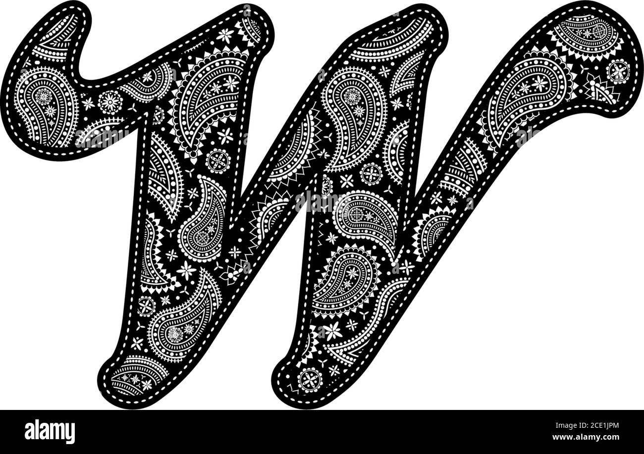 Lettre majuscule W avec motif cachemire. Broderie noire. Isolé sur blanc Illustration de Vecteur